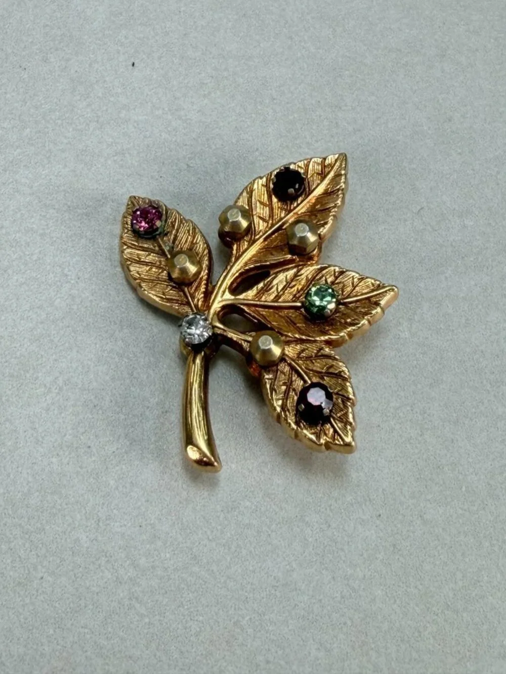 Vintage Anson Leaf Brooch Rhinestone Gold Tone Nature Pin Signed